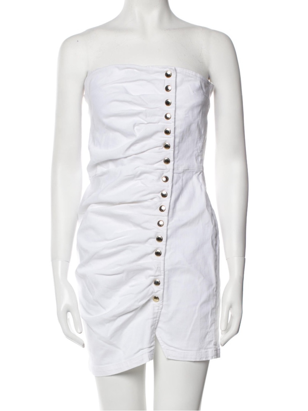 Retrofête White Denim Strapless Ruched Button-Front Mini Dress